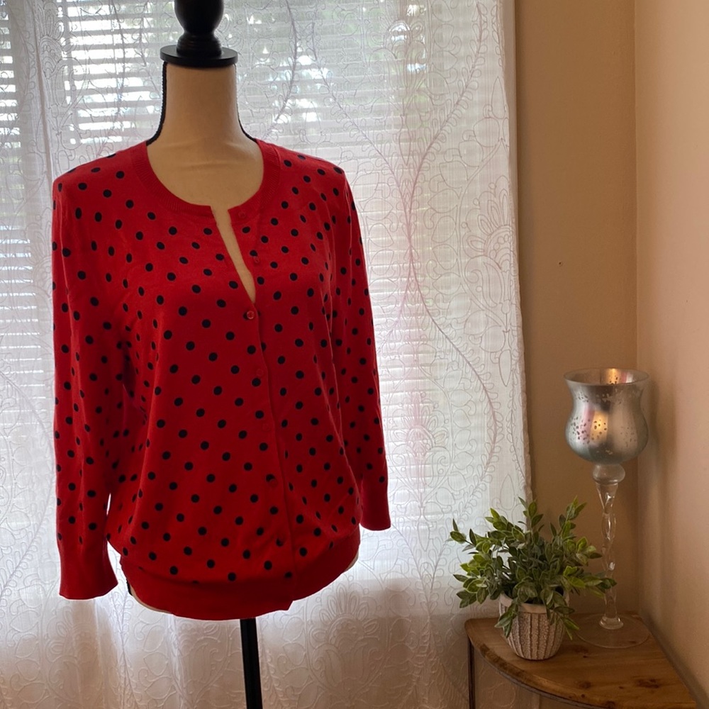 Bright red and navy blue polka dot button down cardigan with 3/4 sleeves
